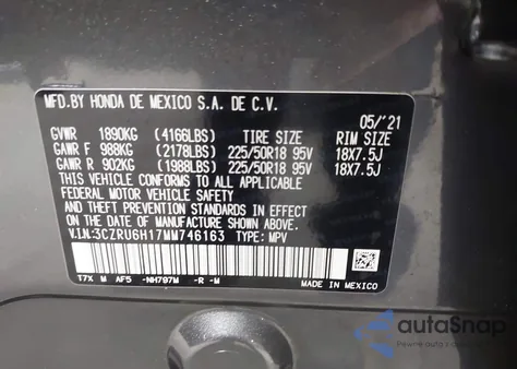 2021 Honda Hr-V Awd Sport из США, поврежденный, VIN 3CZRU6H17MM746163